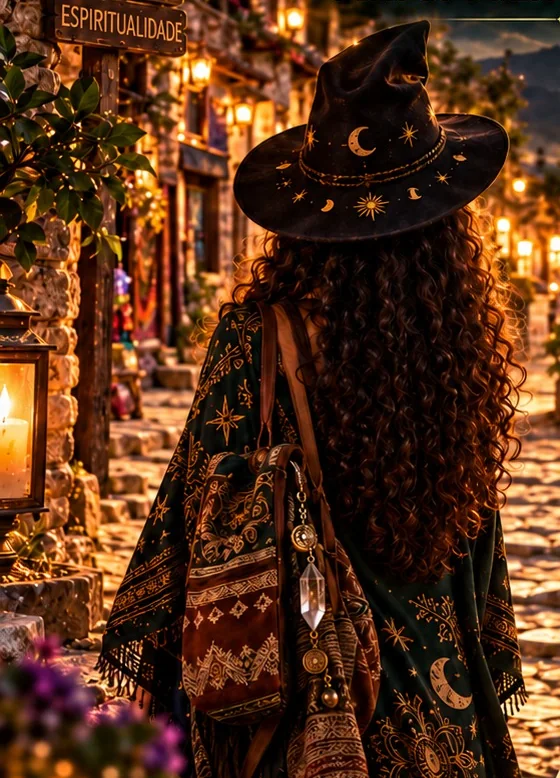 Íris de costas, com chapéu bordado de luas e estrelas, caminhando por uma rua de pedra iluminada por lampiões.